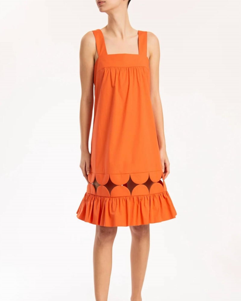 Front of a model wearing a size L Bubble Short Dress in Tangerine in Tangerine by ADRIANA DEGREAS. | dia_product_style_image_id:335838